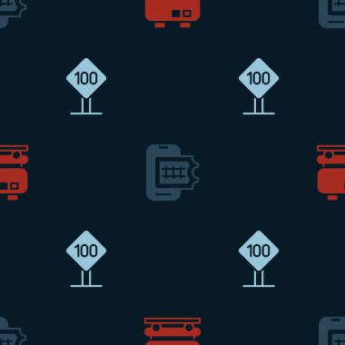 Petrol deposu, online bilet rezervasyonu ve hız limiti trafik işaretini pürüzsüz şablona göre 100 km ayarla. Vektör