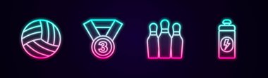 Voleybol, madalya, bovling pimi ve fitness sallayıcısı. Parlayan neon ikonu. Vektör