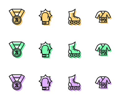 Çizgili paten, madalya, boks eldivenleri ve Kimono ikonu. Vektör