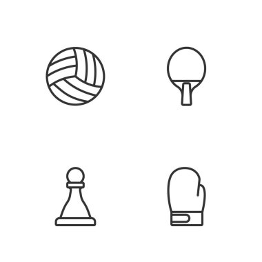 Çizgi boks eldiveni, satranç, voleybol ve raket ikonu. Vektör