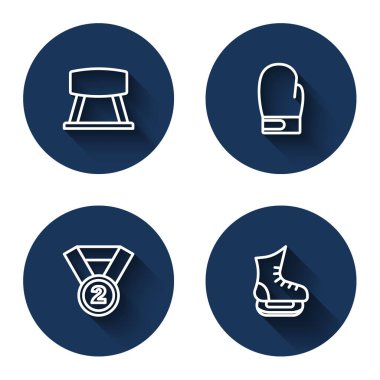 Çizgili Pommel atı, boks eldiveni, madalyalı ve uzun gölgeli patenler. Mavi daire düğmesi. Vektör