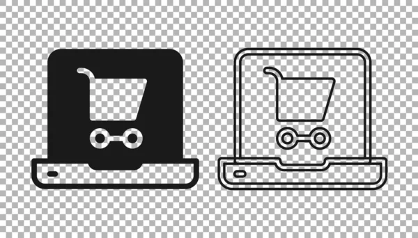 Schwarzer Warenkorb Auf Dem Bildschirm Laptop Symbol Isoliert Auf Transparentem — Stockvektor