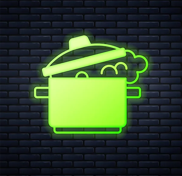 Glowing Neon Cooking Pot Icon Isolated Brick Wall Background Boil — Stock Vector