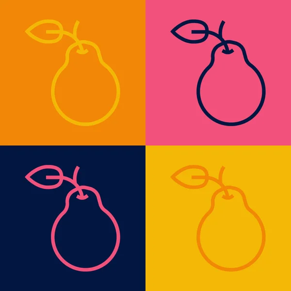 ポップアートラインカラー背景に分離された梨アイコン 葉のシンボルを持つ果物 ベクトル — ストックベクタ
