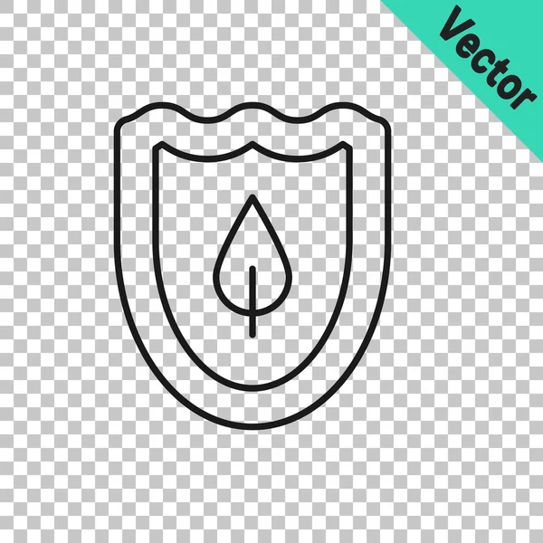 Escudo Línea Negra Con Icono Hoja Aislado Sobre Fondo Transparente — Vector de stock