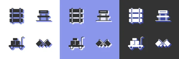 Set Flag Railway Railroad Track Trolley Suitcase Waiting Hall Icon — Stock Vector