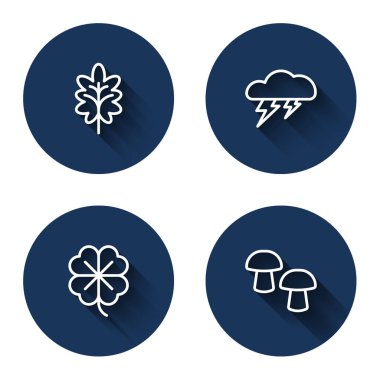 Yaprak, Bulut ve şimşek, dört yapraklı yonca ve uzun gölgeli mantar. Mavi daire düğmesi. Vektör