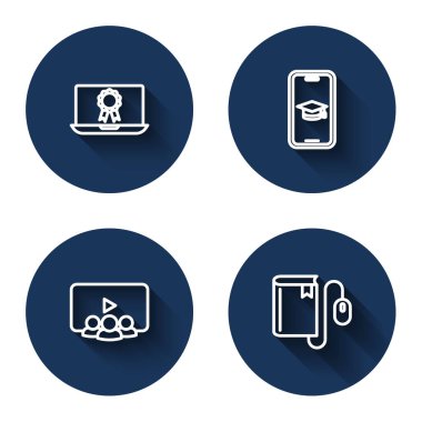 Çevrimiçi eğitimli, diplomalı, mezuniyet şapkalı, gezici, sınıf ve uzun gölgeli elektronik kitap faresi. Mavi daire düğmesi. Vektör