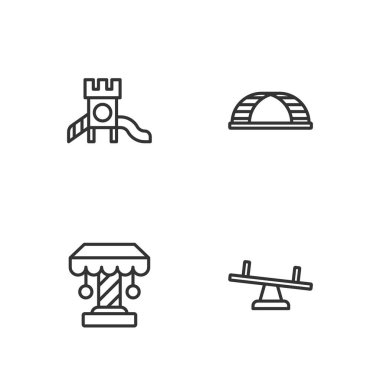 Seesaw, Attraction Carousel, Slide çocuk parkı ve Monkey bar simgesini ayarla. Vektör