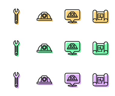 Hat çizgisi İşçi kaskı, İngiliz anahtarı ve ev planı simgesi. Vektör