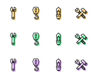 Ampul, ayarlanabilir ingiliz anahtarı, kanca, çekiç ve anahtar ikonu ayarlayın. Vektör