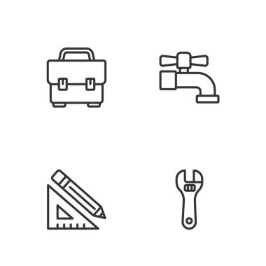 Hat ayarlanabilir anahtarı, üçgen cetvel ve kalem, alet kutusu ve su musluğu simgesi ayarla. Vektör