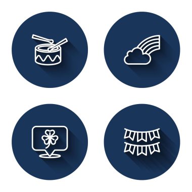 Davul bagetleri, gökkuşağı bulutu, folyo yaprakları ve uzun gölgeli karnaval bayrakları. Mavi daire düğmesi. Vektör