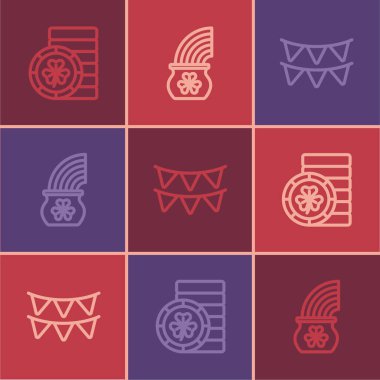 Altın Leprikon madeni para, bayraklı karnaval çelengi ve altın renkli gökkuşağı ikonu. Vektör