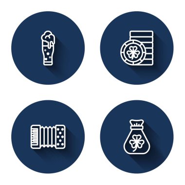 Bardak bira, altın leprikon para, akordiyon ve yoncalı para çantası. Mavi daire düğmesi. Vektör