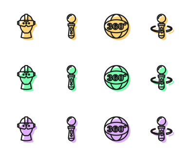 Satır 360 derece görüş, sanal gerçeklik gözlükleri, VR denetleyici oyun ve simge ayarla. Vektör