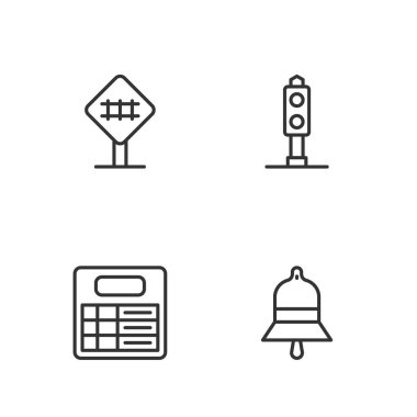 Tren istasyonu zili, pano, demiryolu geçidi ve trafik ışığı ikonu ayarlayın. Vektör