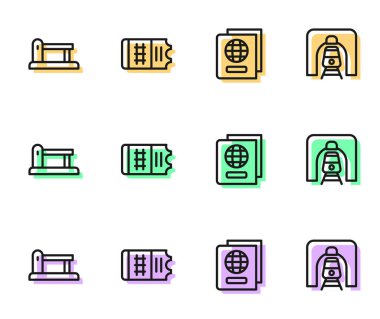 Pasaport, demiryolu bariyeri, tren bileti ve tren yolu ikonu ayarlayın. Vektör