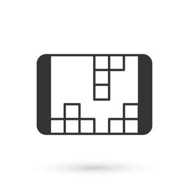 Gri taşınabilir video oyun konsolu simgesi beyaz arkaplanda izole edildi. El bilgisayarı oyun konsolu. Vektör