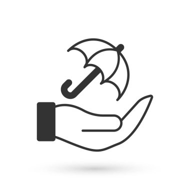 Gri Şemsiye 'nin el simgesi beyaz arkaplanda izole edildi. Sigorta konsepti. Su geçirmez ikon. Koruma, güvenlik, güvenlik kavramı. Vektör