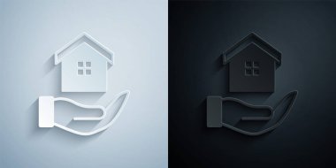 Kağıt, House 'u gri ve siyah arka planda izole eden el yazısı simgesiyle kesti. Sigorta konsepti. Güvenlik, güvenlik, koruma, konsept koruma. Kağıt sanatı tarzı. Vektör