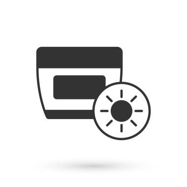 Beyaz arka planda izole edilmiş tüp ikonunda gri güneş kremi. Cilt için güneş ultraviyole ışığından koruma. Vektör