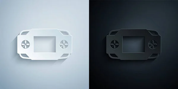 Papierschnitt Tragbares Videospielkonsolen Symbol Isoliert Auf Grauem Und Schwarzem Hintergrund — Stockvektor
