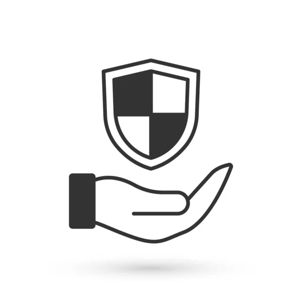 白い背景に隔離された手のアイコンの灰色の盾 保険の概念 警備員のサイン セキュリティ 安全性 プライバシーの概念 ベクトル — ストックベクタ