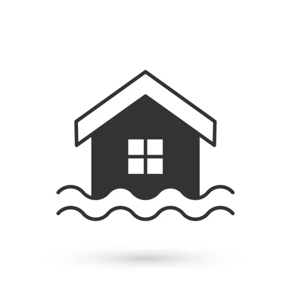 Grijs Huis Overstroming Pictogram Geïsoleerd Witte Achtergrond Huisoverstroming Onder Water — Stockvector