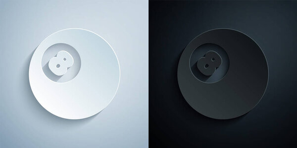 Paper cut Billiard pool snooker ball with number 8 icon isolated on grey and black background. Paper art style. Vector