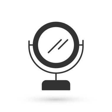 Gri yuvarlak makyaj aynası ikonu beyaz arkaplanda izole edilmiş. Vektör