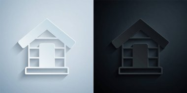 Kağıt kesiği köpek evi simgesi gri ve siyah arka planda izole edilmiş. Köpek kulübesi. Kağıt sanatı tarzı. Vektör