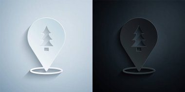 Paper cut Location of the forest on a map icon isolated on grey and black background. Paper art style. Vector vector Paper cut Location of the forest on a map icon isolated on grey and black background. Paper art style. Vector vector