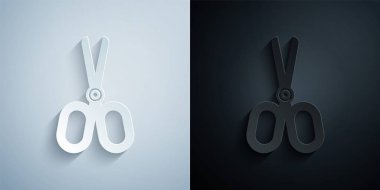 Kağıt kesiği makas simgesi gri ve siyah arkaplanda izole edildi. Terzi sembolü. Alet kesme işareti. Kağıt sanatı tarzı. Vektör