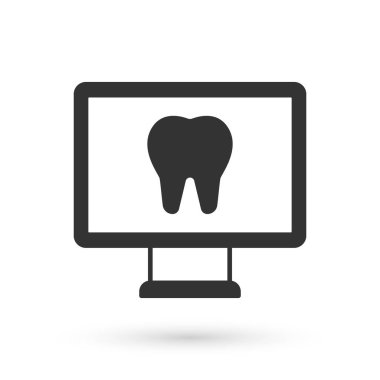 Gri Çevrimiçi diş bakımı ikonu beyaz arka planda izole edildi. Diş hizmetleri danışma merkezi. Vektör