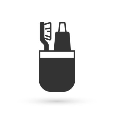 Beyaz arka planda gri diş fırçası ve diş macunu ikonu tüpü izole edildi. Tek kullanımlık tuvalet malzemeleri. Vektör