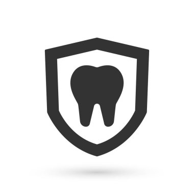 Beyaz arka planda gri diş koruma ikonu izole edildi. Kalkan logosunda diş. Vektör