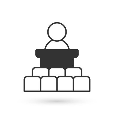 Gri Sözcü simgesi beyaz arkaplanda izole edildi. Ben Tribün 'den hatip. Halka açık konuşma. Kürsüde biri var. Vektör