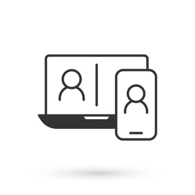 Gri Görüntü sohbet konferansı simgesi beyaz arkaplanda izole edildi. Çevrimiçi iş görüşmesi formu. Uzak proje yönetimi. Vektör