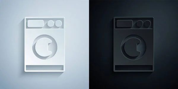 Papier Gesneden Wasmachine Pictogram Geïsoleerd Grijze Zwarte Achtergrond Wasmachine Icoon — Stockvector