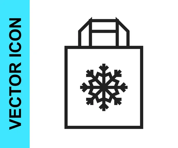 Schwarze Linie Weihnachtspapier Einkaufstasche Mit Schneeflockensymbol Isoliert Auf Weißem Hintergrund — Stockvektor