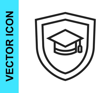 Beyaz arka planda siyah çizgi mezuniyet şapkası ve kalkan simgesi var. Sigorta konsepti. Güvenlik, güvenlik, koruma, konsept koruma. Vektör