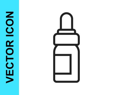 Siyah çizgi esaslı yağ şişesi simgesi beyaz arkaplanda izole edilmiş. Organik aromaterapi özü. Cilt bakımı serumu cam bırakma paketi. Vektör
