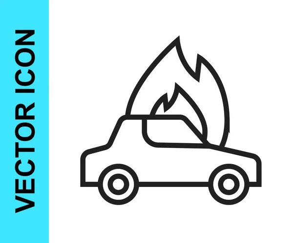 黑线燃烧的汽车图标隔离在白色背景 车子着火了熄火冒烟的汽车坏了 — 图库矢量图片