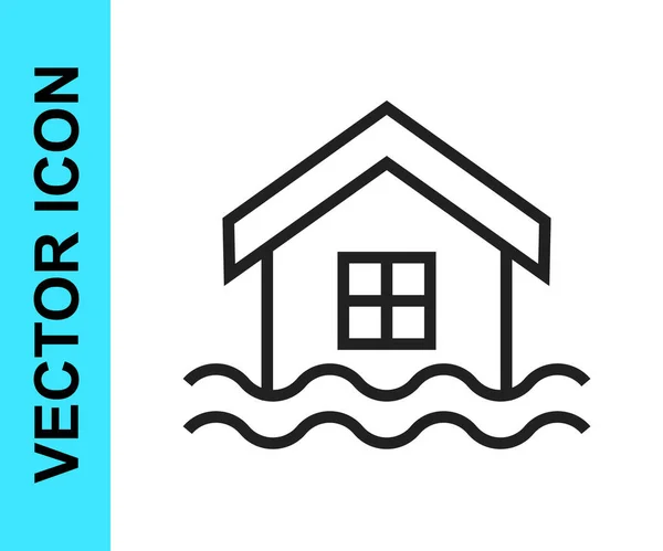 Black Line House Flood Icon Isolated White Background Home Flooding — Stock Vector