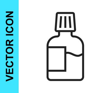 Ağız gargarası plastik şişe simgesi beyaz arka planda izole edilmiş. Ağzını çalkalamak için sıvı. Ağız bakım ekipmanları. Vektör