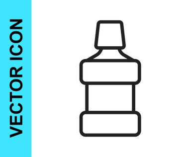 Ağız gargarası plastik şişe simgesi beyaz arka planda izole edilmiş. Ağzını çalkalamak için sıvı. Ağız bakım ekipmanları. Vektör