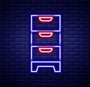 Parlayan neon çizgisi Çekmece Sandığı simgesi tuğla duvar arkasında izole edilmiş. Renkli taslak konsepti. Vektör