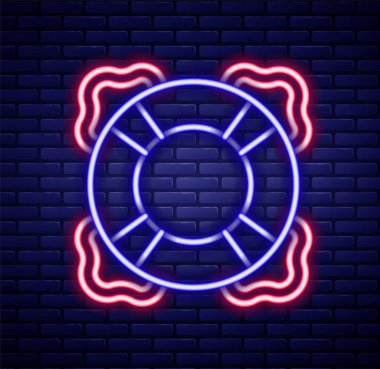 Parlayan neon hattı Lifebuoy simgesi tuğla duvar arka planında izole edildi. Can simidi sembolü. Renkli taslak konsepti. Vektör