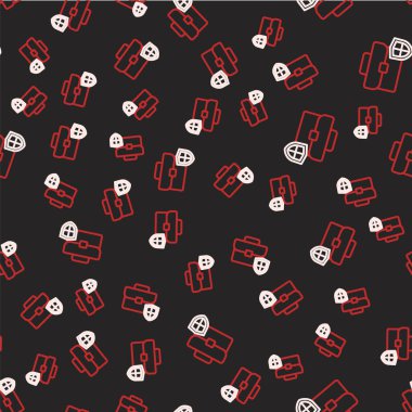 Kalkan simgesine sahip çizgi çantası siyah arkaplanda izole edilmiş kusursuz desen. Sigorta konsepti. Güvenlik, güvenlik, koruma, konsept koruma. Vektör